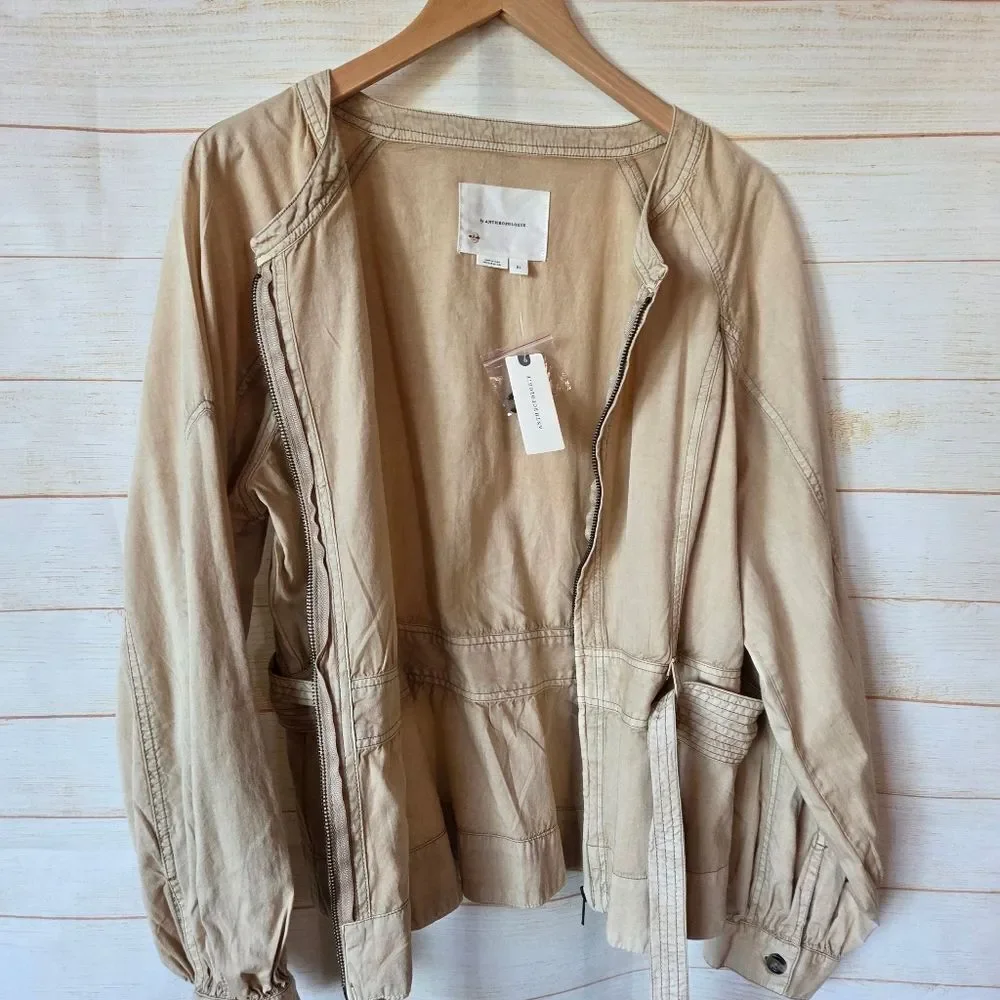 By Anthropologie Belted Round Neck Utility Jacket Tan Brown Size XL Sand Sable - Picture 12 of 15